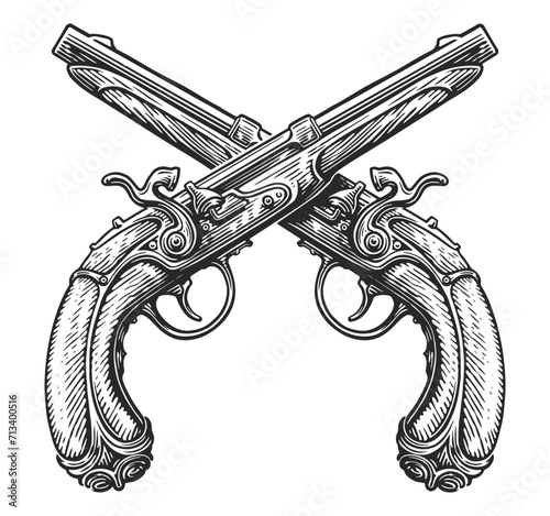 Crossed flintlock pistols, sketch. Two guns, firearms. Hand drawn vintage vector illustration
