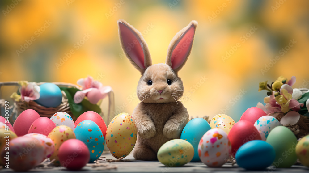 easter bunny rabbit sitting in the eggs, Generative AI
