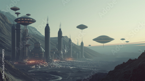 Dystopian Future Cityscape: Hovering Vehicles and Towering Skyscrapers Enveloped in a Misty Alien Dawn photo