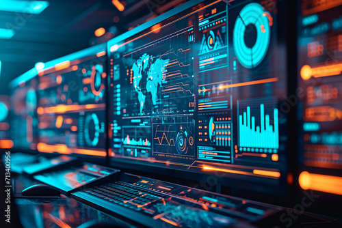 Intuitive Workflow: Futuristic Charts and Diagrams in High-Tech Workspace - Generative AI.