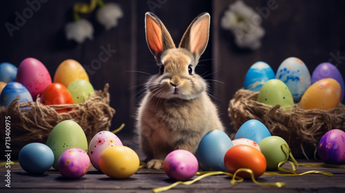 easter bunny rabbit sitting in the eggs  Generative AI