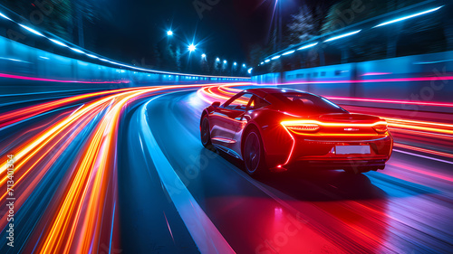 a super car going fast down a highway road with light blurs of speed trailing the car © Artistic Visions