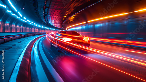 a super car going fast down a highway road with light blurs of speed trailing the car photo