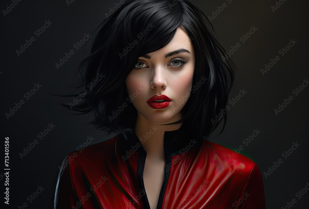 A close-up portrait highlighting a woman adorned with red lipstick on her lips, accentuating the beauty of women and cosmetics.