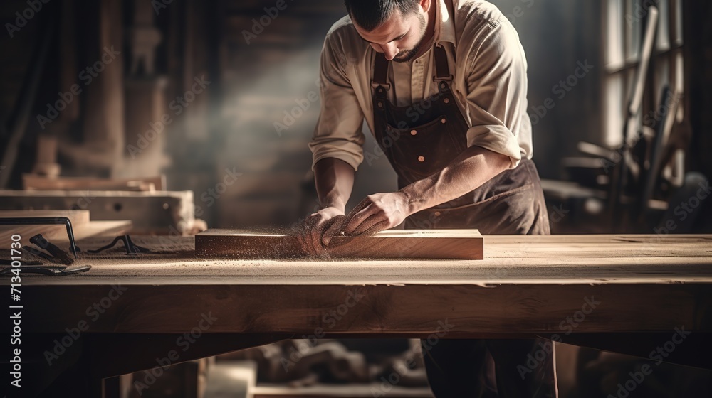 A_carpenter_on_a_workbench_processes_a_wooden_blank_
