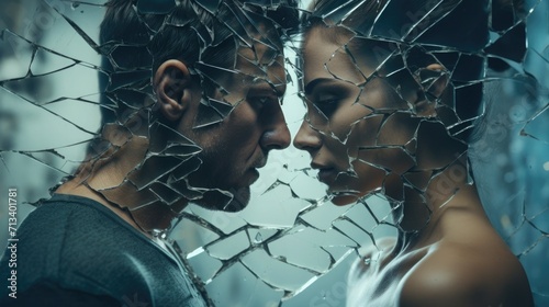 Broken relationships concept. Man and woman no love each other. Married couple upset because of quarrels and conflicts photo