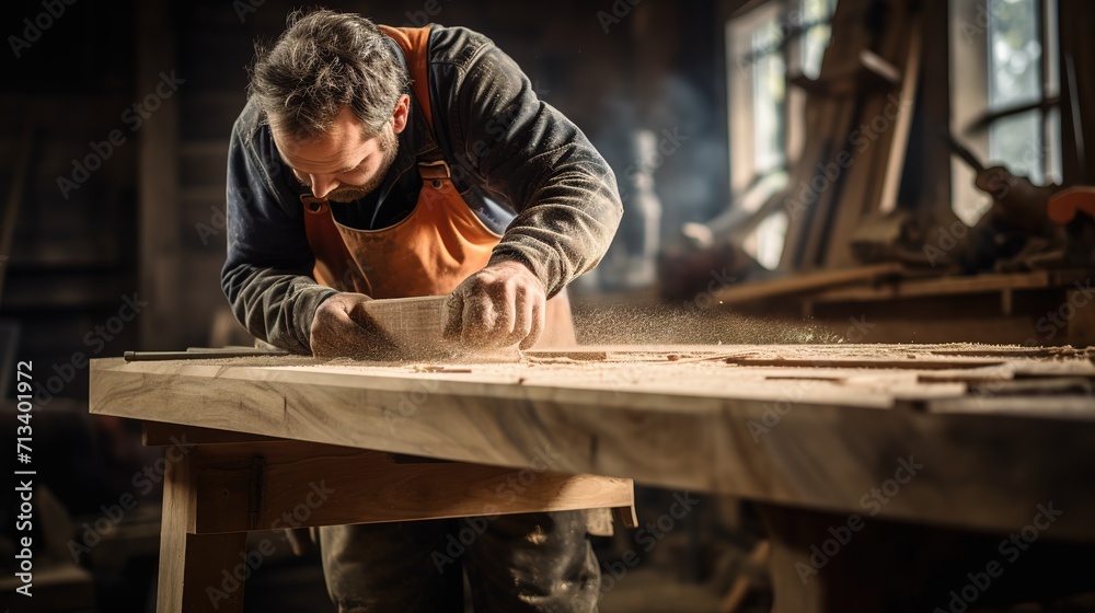 A_carpenter_on_a_workbench_processes_a_wooden_blank_ A_carpenter_on_a_workbench_processes_a_wooden_blank_