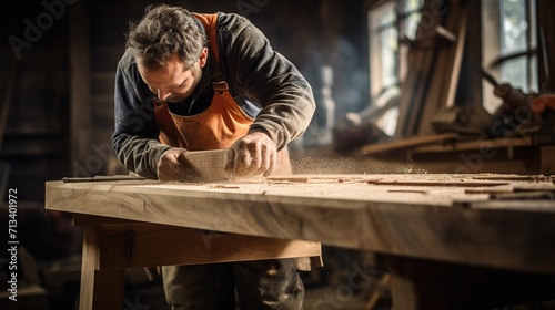 A_carpenter_on_a_workbench_processes_a_wooden_blank_