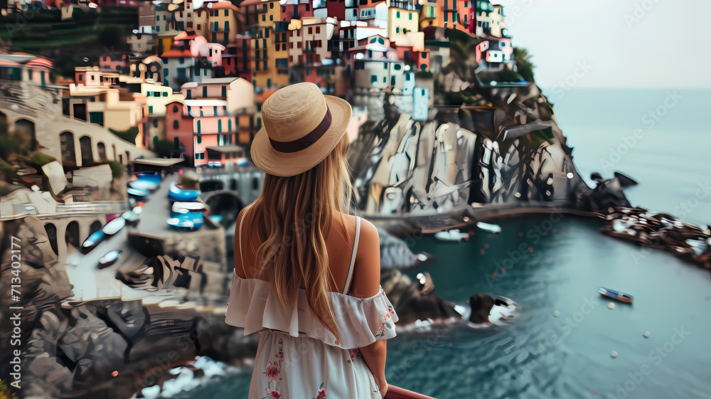 woman traveling in italy taking in the breathtaking scenery and views - obrazy, fototapety, plakaty 