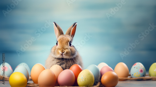 adorable easter bunny rabbit sitting in the eggs  Generative Ai