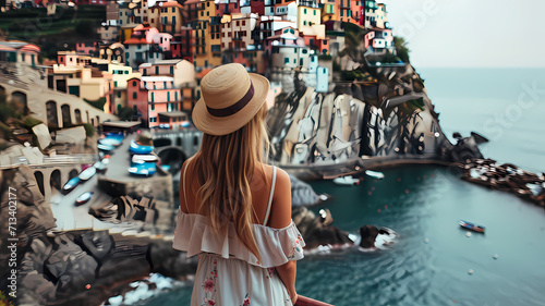 woman traveling in italy taking in the breathtaking scenery and views photo