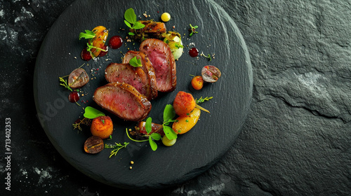 Creative dish with Michelin star, spiced pigeon breast, black ceramics, and black background in rustic French style. photo