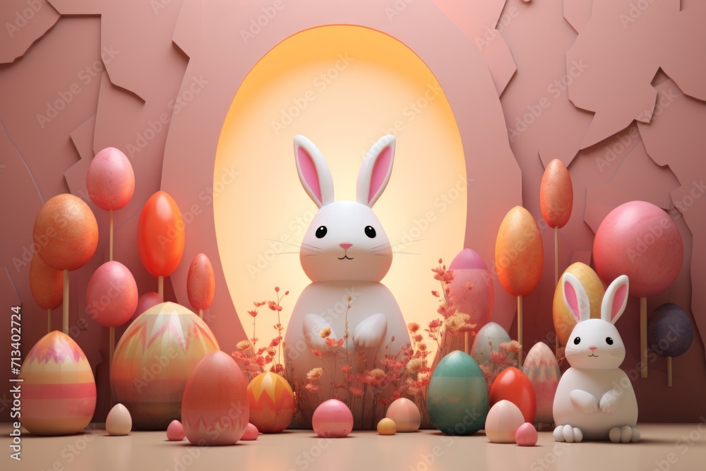 Obraz premium Easter cute scene. Easter sales podium background with bunny, easter eggs and flowers, rainbow and chickens.