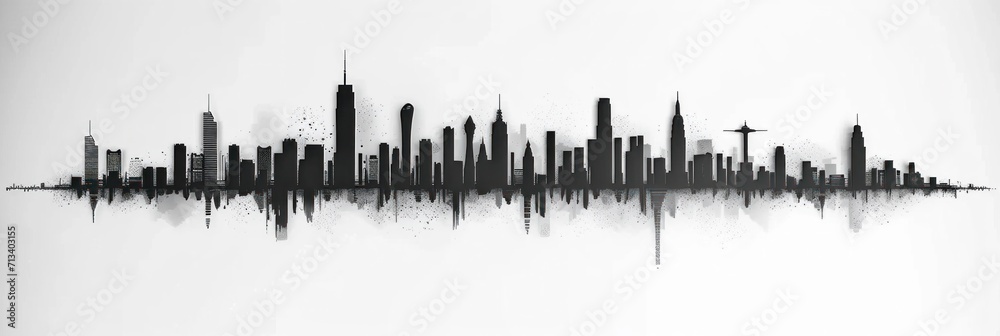 wide skyline illustration on white background, silhouette papercut houses and urban flats skyscrapers city wide skyline illustration on white background, silhouette papercut houses and urban flats skyscrapers city