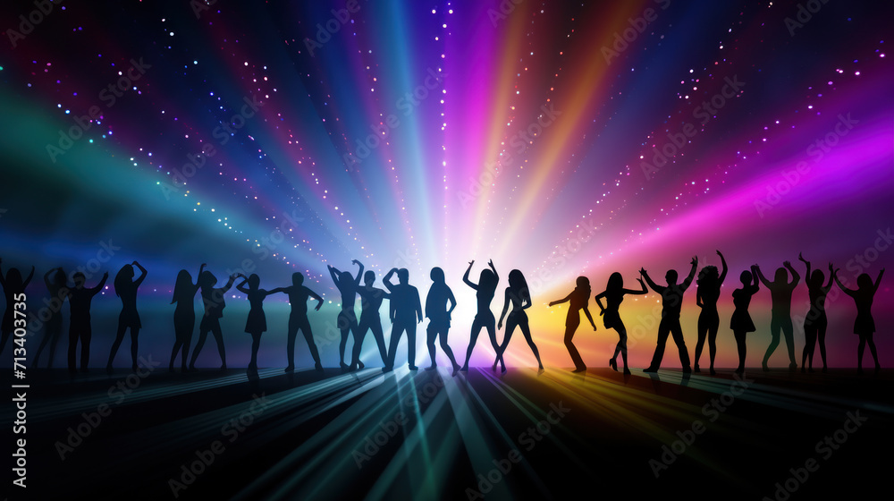 Crowd of dancing people on rave, in nightclub or disco party, laser show, colorful lights