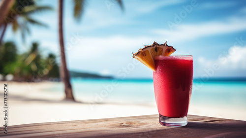 Red cocktail with pineapple on tropical island resort, sunny afternoon