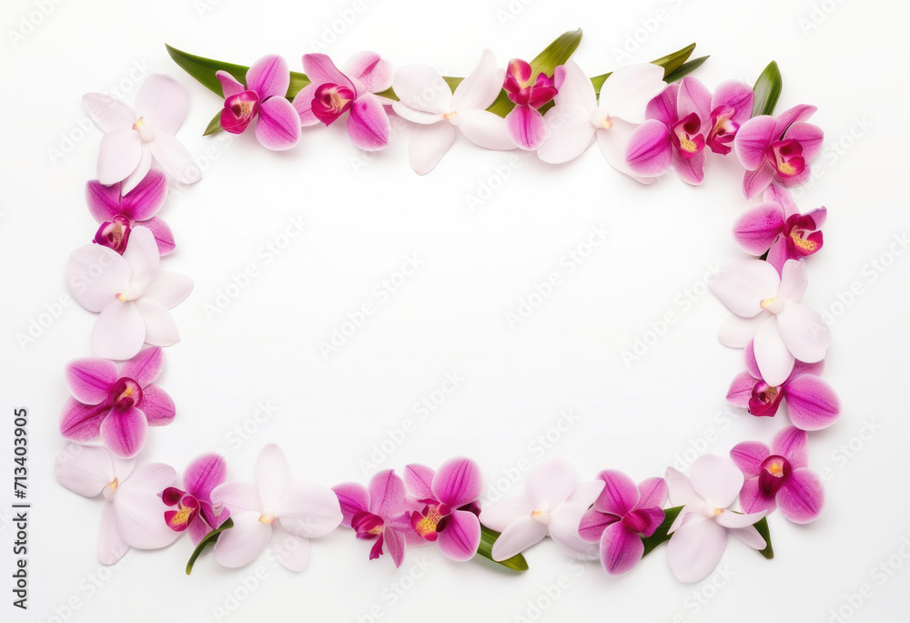 Rectangular frame with pink and white orchid flowers, white background