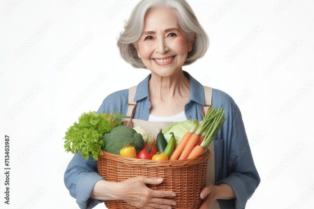senior person holding a basket of vegetables isolated on white background. ai generative senior person holding a basket of vegetables isolated on white background. ai generative