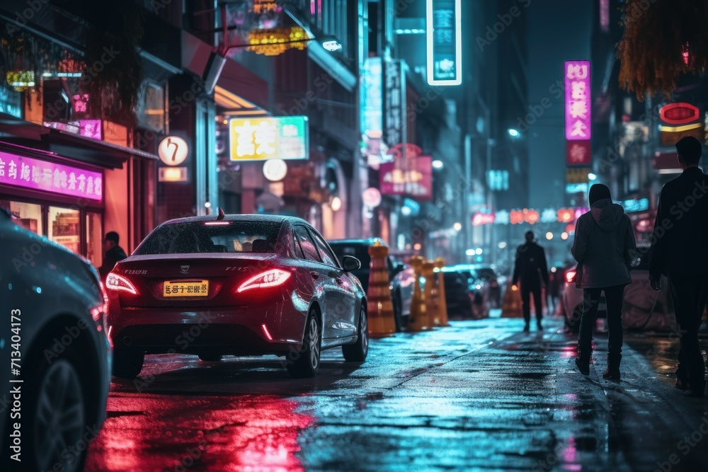 Bustling city street at night with illuminated signs Stock Illustration ...