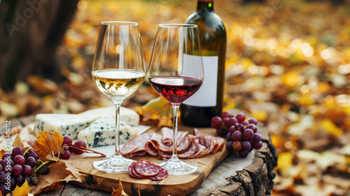 Wine and snacks served outside, vineyard scenery, sunset, fall