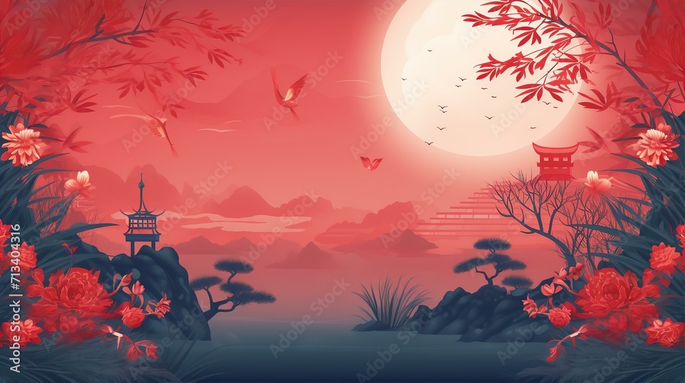 Chinese New Year background, blossom flowers with the moon on red background