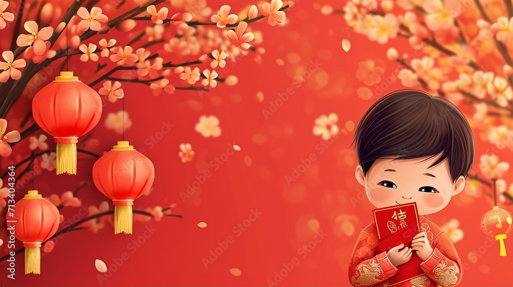 Chinese New Year background with the happy boy holding red envelope in hands Chinese New Year background with the happy boy holding red envelope in hands