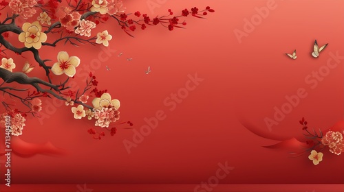 Chinese New Year background  blossom flowers with branches on red background