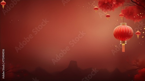Chinese New Year celebration with red Lantern and blossom flowers on red background