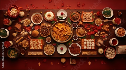 Chinese New Year foods on the table, top view