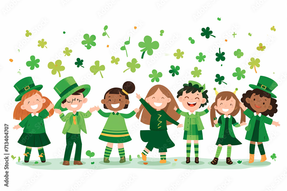 A cute cartoon of children dressed in green, celebrating St Patrick’s Day, St Patrick’s Day drawings, flat illustration A cute cartoon of children dressed in green, celebrating St Patrick’s Day, St Patrick’s Day drawings, flat illustration