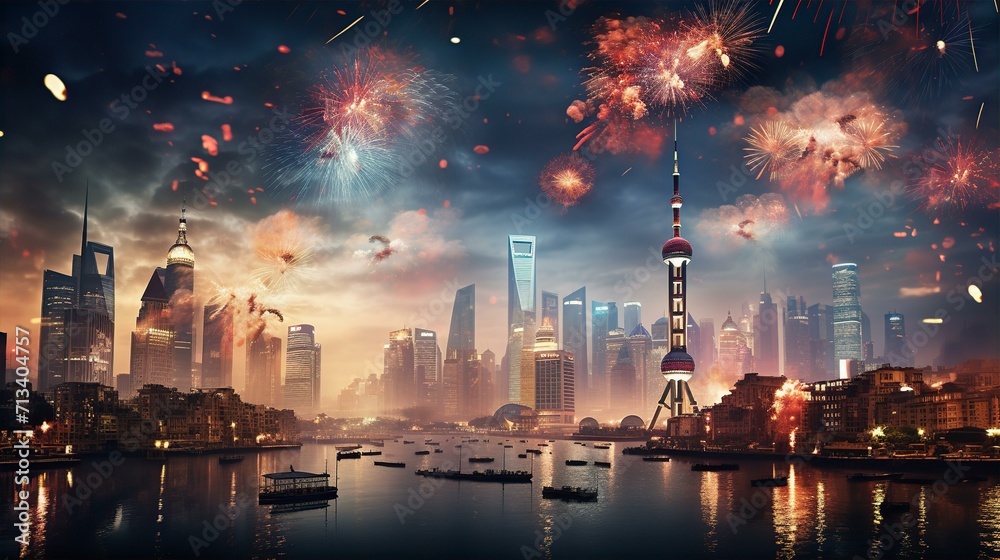 Fireworks over Shanghai on Chinese New Year Day