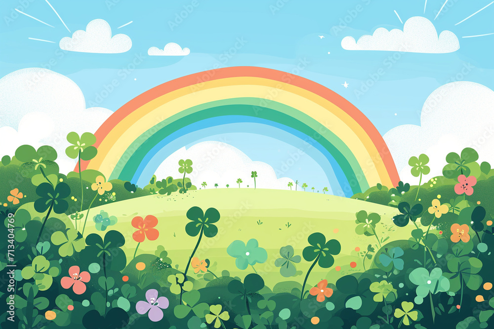 A whimsical shamrock field under a rainbow, St Patrick’s Day drawings, flat illustration