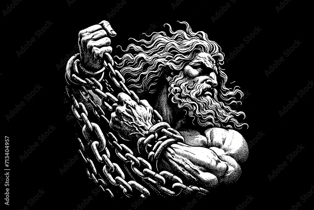 Zeus breaking chains isolated on a black background