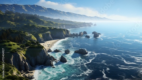 Cliffside vantage point overlooking the expansive sea, framed by rugged mountains, capturing the untamed beauty of the coastal landscape -Generative Ai