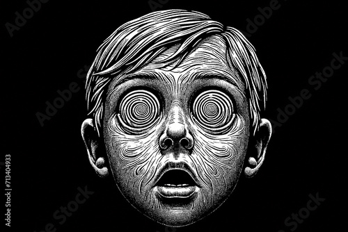 shocked kids face with hypnotized eyes isolated on a black background photo