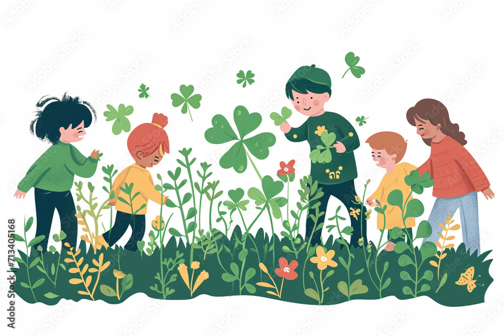 Children on a shamrock hunt, St Patrick’s Day drawings, flat illustration Children on a shamrock hunt, St Patrick’s Day drawings, flat illustration