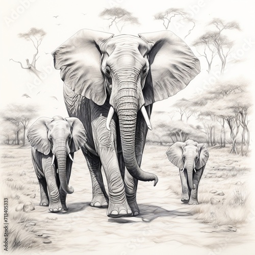 Pencil sketch nice wild elephants image Generative AI