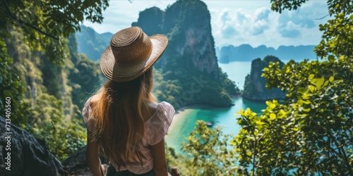 Person in a hat looks out over vibrant green foliage towards a serene blue ocean.