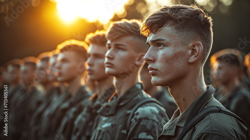 A group of young soldiers standing in the background of a summer camp and listening attentively to the speaker. Election marathon, future presidential elections photo
