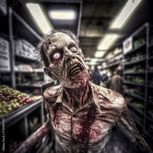 Horror movie. Terrible bloody zombie man in supermarket