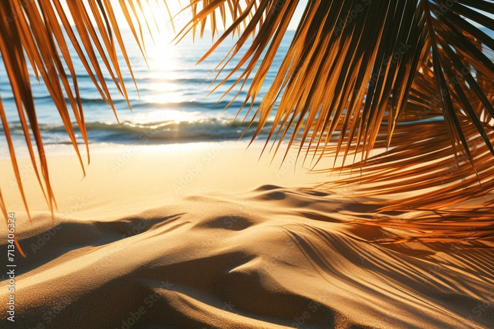 Golden and radiant sunlight filters through palm leaves, casting shadows on the sandy beach