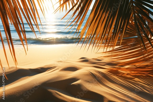 Golden and radiant sunlight filters through palm leaves, casting shadows on the sandy beach © roy9
