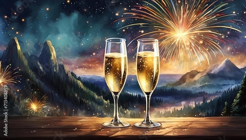 new year s eve holiday event party firework background banner greeting card two champagne classes on wooden table in the dark night with fireworks and sparklers