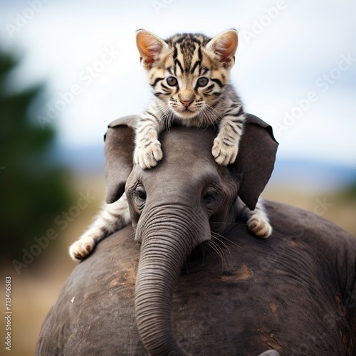 Obraz na płótnie Cat on top of an elephant beautiful image Ai generated art w salonie