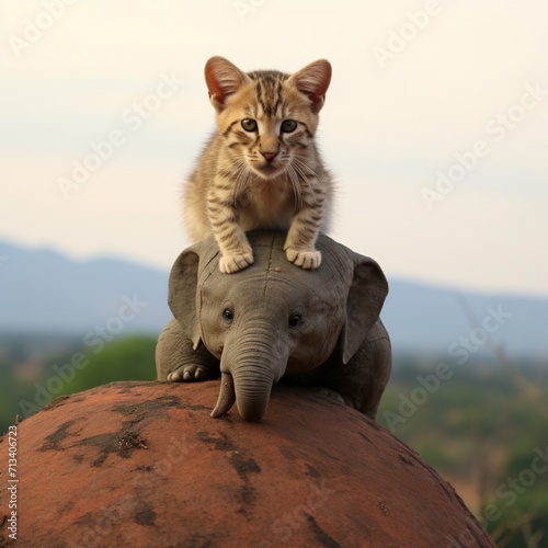 Obraz na płótnie Cat on top of an elephant beautiful image Ai generated art w salonie