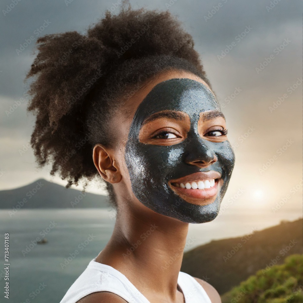 Black skin mask, healthy woman and happy skin