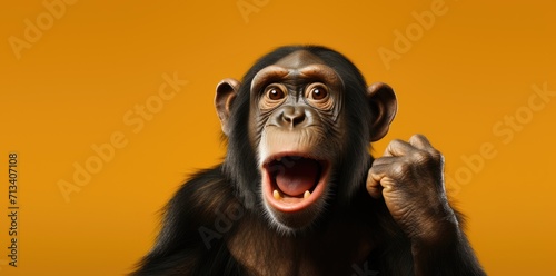 monkey smiles and shows hand up to fighting spirit on a yellow background © Tikka MS