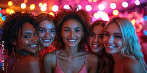 A diverse, joyful group of friends celebrates at a nightclub, enjoying laughter.