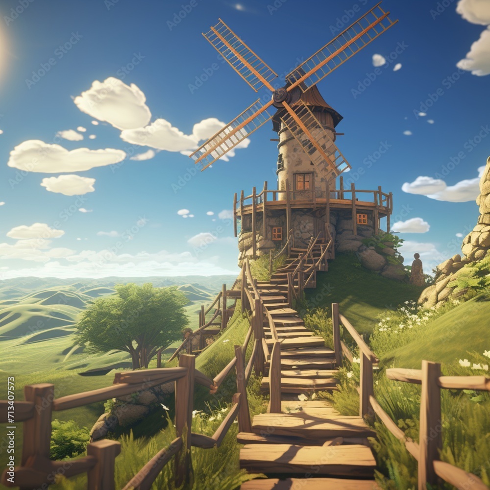 Cell shaded video game style stone windmill Ai generated art