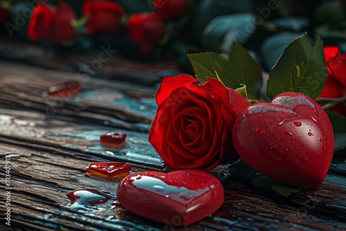 Beautiful lovely red roses and red hearts, Valentine's gifts for celebrating romantic moments and lovely days photo
